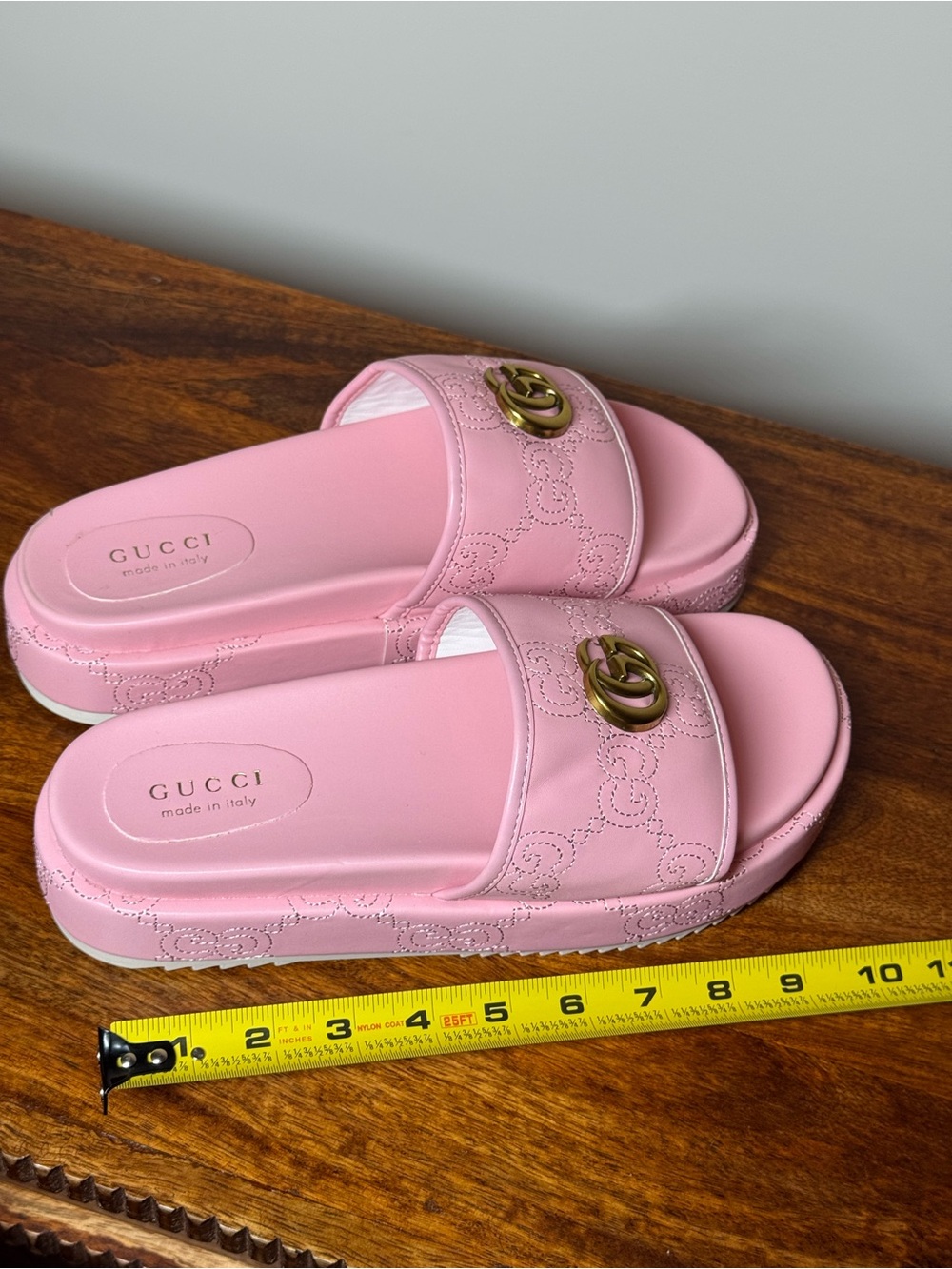 Pink Embossed Slide Sandals with Gold Hardware. No Brand.